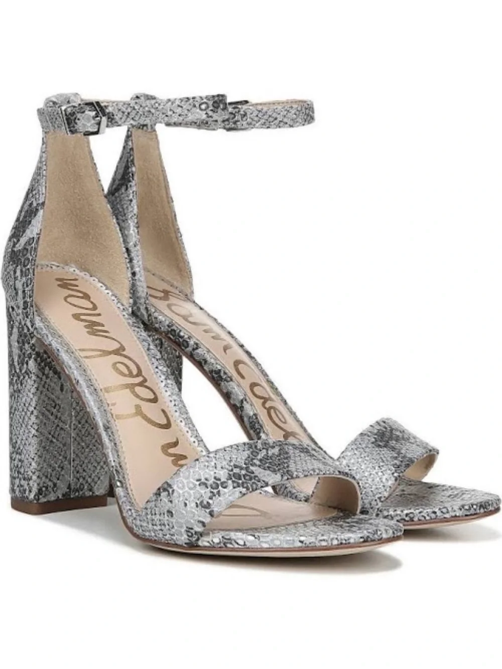 Sam Edelman Yaro Ankle Strap Metallic Snake Print Sandal Block High Heel Sz 8